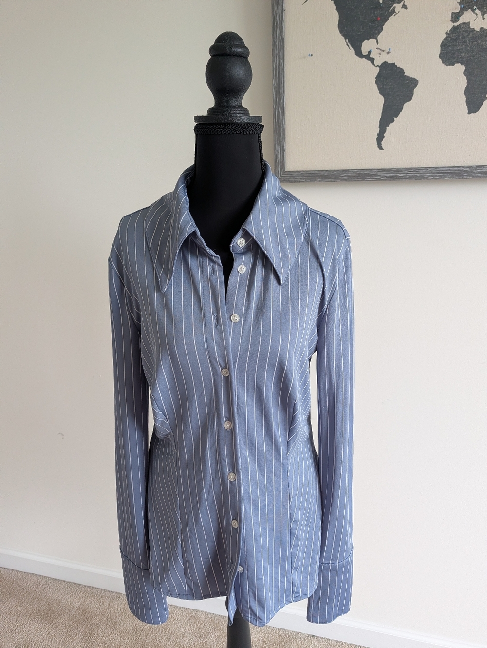 DANIELLE BERNSTEIN Blue and White Striped Button-Up Shirt